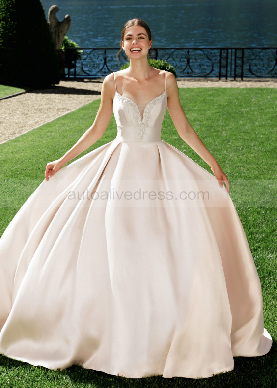 Beaded Plunging Neck Champagne Mikado Wedding Dress